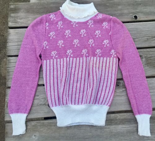 Vintage Childrens (girls) 80’s Pull Over Shiny  Purple And White Sweater