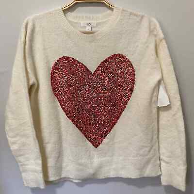 New Nordstrom 1901 Merry Sparkle Red Heart Ivory Girl's Size Lrg 10/12 Sweater