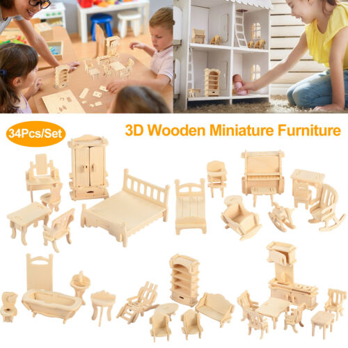 Mini 3d Wooden Puzzle Diy 34 Pcs Miniature Dollhouse Furniture Building Models
